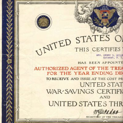 Certificate for Mrs. Henry D. Miller from the Secretary of the Treasury indicating appointment as Agent of the Treasury Department, 1918