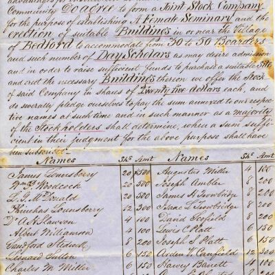 Stock Subscription List for the Bedford Female Institute, circa 1855