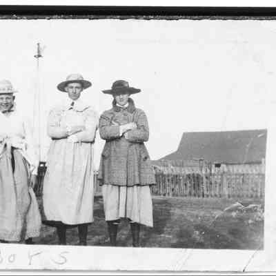 "Boys" (dress up play) on farm, ca 1925
