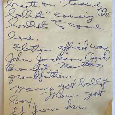 Accompanying note, page two: Transcription:

This ballot box was stuffed with tissue ballots (ballots were pressed together). Uncle ([illegible] oldest brother) Eugene Broughton pressed the ballot (about 1876). This happened all over the state. People counting ballots blew their