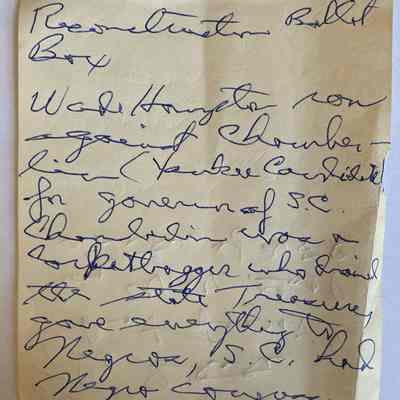 Accompanying note, page four: Transcription:

J. Eugene Broughton was oldest son of “Jack” Broughton. Ballot box was at Fulton (Township) a crossroad that had only a church and a general store.