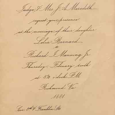 Wedding Invitation of Richard I. Manning III to Lelia Bernard Meredith (1881)