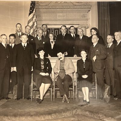 Photograph, Unknown group with actor in Oakland Scottish Rite Auditorium (undated)