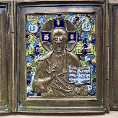 E04a05 Brass Deesis Triptych 5 color enamel