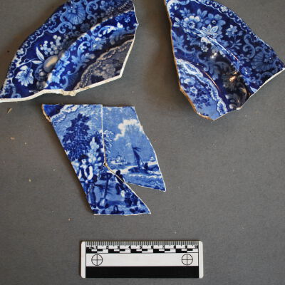 Blue Transfer-Printed Pearlware, Franklins Morals Pattern, with Henderson and Gaines Mark