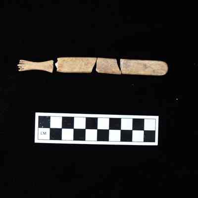 Fragments of a bone toothbrush head, neck, and handle.