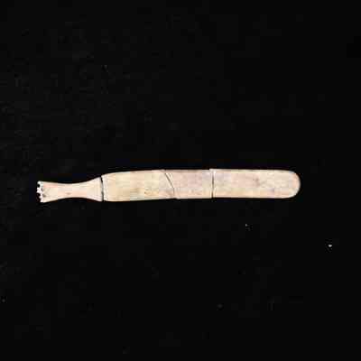 Four pieces of a bone toothbrush.: One piece contains the last bit of head and the entire neck. The handle is broken into three. The end is rounded.