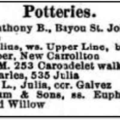 Advertisement from Soards Directory (1890-91) for a pottery operating at 253 Carondelet Walk; Lucien Gex was also superintendent of the failed Porcelain Works Factory, operational blocks away.