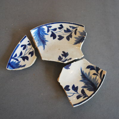 Blue Hand-Painted Pearlware Saucer with Davenport Mark