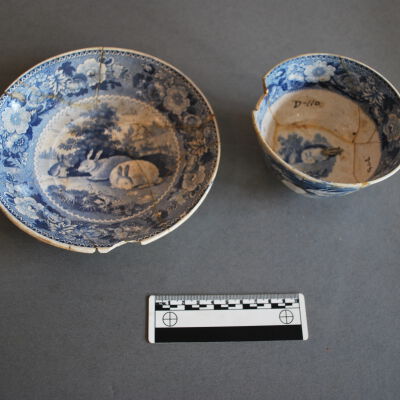 Blue Transfer-Printed Pearlware Saucer and Cup, Grazing Rabbits Pattern
