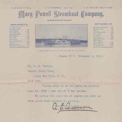 "Mary Powell Steamboat Co." request and envelope, 1912
