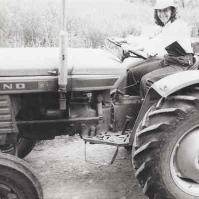 Karen on tractor, Mead Farm