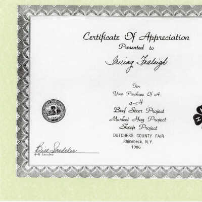 Dutchess County Fair certificate, Irving Fraleigh, 1986