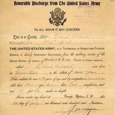 Discharge certificate for Roland A'Brial, 1919