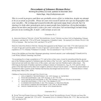 Johannes Herman Betzer/Bitzer (Pitcher) descendants