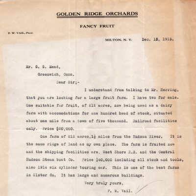 Letter to Gordon Mead from F.W Vail about farms for sale, 1915