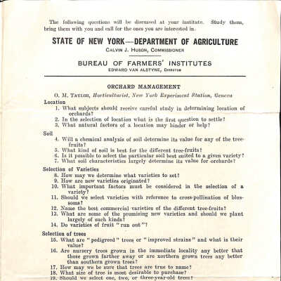 Bureau of Farmers' Institutes orchard management questions, date unknown.