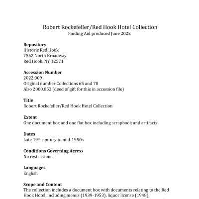Robert Rockefeller/Red Hook Hotel Collection - Finding Aid