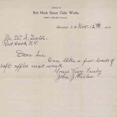 Red Hook Steam Cider Works Letter, 1914