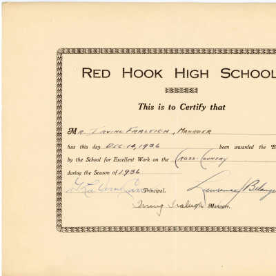 RHHS Certificate for Excellence in cross-country, 1936, Irving A. Fraleigh