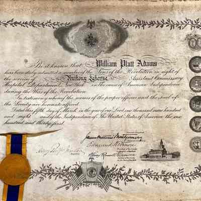 Sons of the Revolution Certificate for William Platt Adams