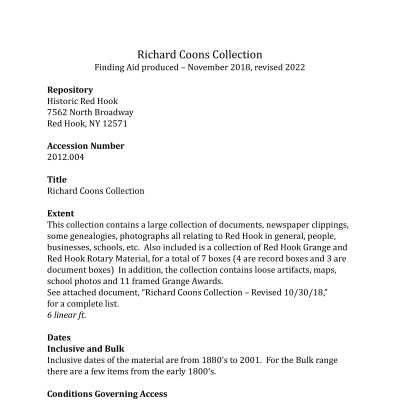 Coons - Red Hook Village History Materials - Finding Aid