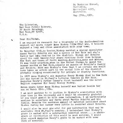 Letter from Richard Davis to Red Hook Library, 1981