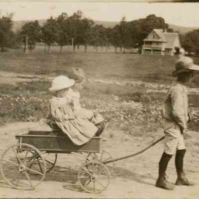 Nelson Mead drawing cart with cousin Ada Mead and sister Anna in cart