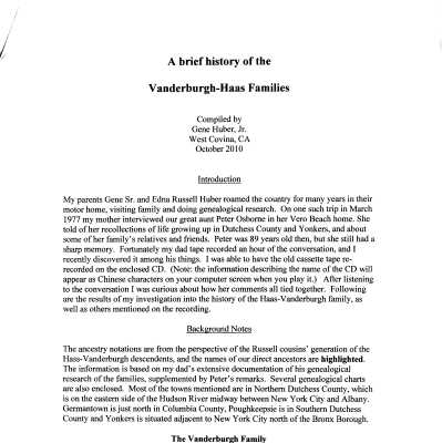 Allendorph/Vanderburgh/Haas Family Research