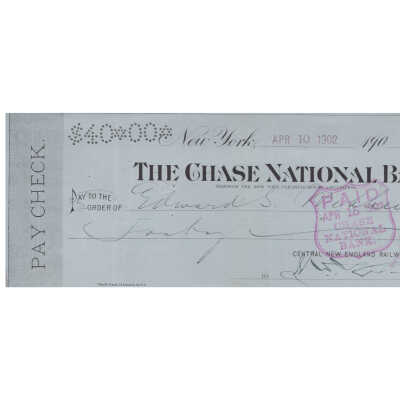 Paychecks (Cancelled) from Central New England Railway - 1902
