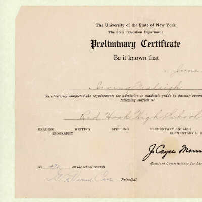 High School Preliminary Certificate, Irving A. Fraleigh, 1933