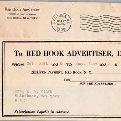 Red Hook Advertiser Receipt, 1938