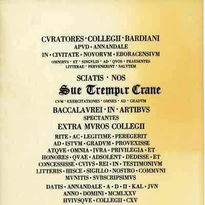 Sue Crane's College Degree