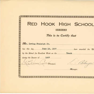 RHHS Certificate for Excellence in Track, 1937, Irving Fraleigh
