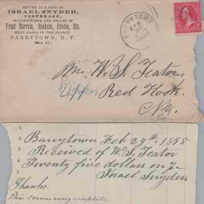 Israel Snyder Cooperage, Receipt and Envelope, 1898