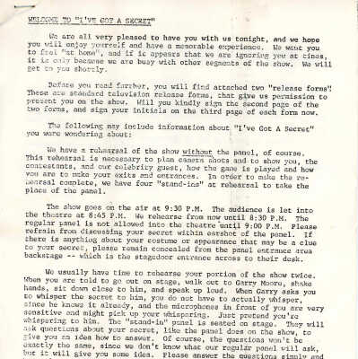 "I've Got A Secret" Contestant Instruction Sheet