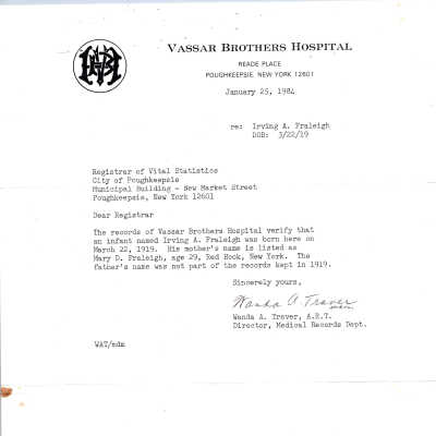 Vassar Bros. Hospital record of birth, Irving A. Fraleigh