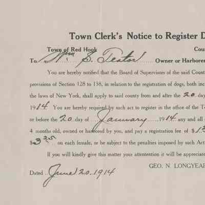 W. S. Teator Town Clerk's Notices to Register Dogs, January 20, and July 29, 1914
