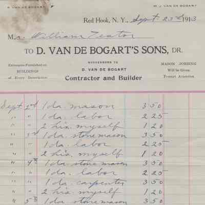 William Teator Receipt 1913 D. Van De Bogart's Sons