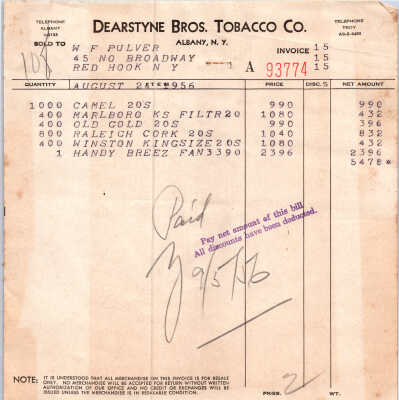 Tobacco Receipts - 1956 Pulver Store and Garage