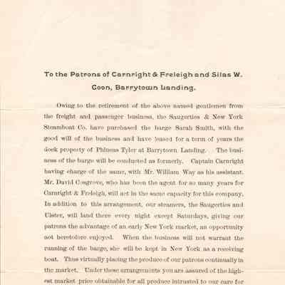 Purchase Notice from Saugerties & New York Steamboat Co. to the Patrons of Carnright & Freleigh and Silas W. Coon