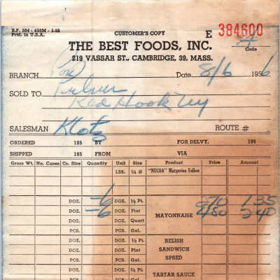 Food Receipts - 1956 Pulver Store
