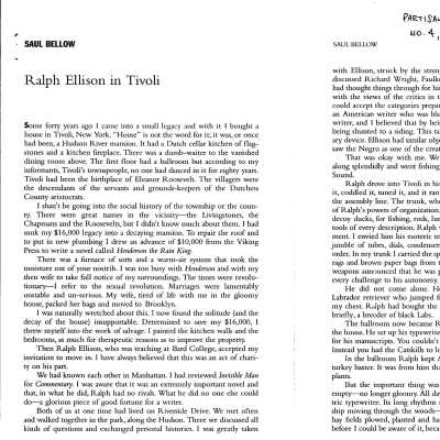 Saul Bellow article, 'Ralph Ellison in Tivoli'