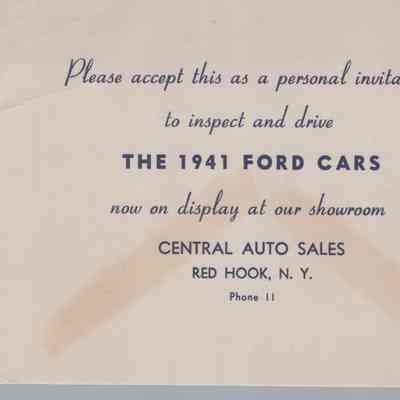 Central Auto Sales invitation card, 1941