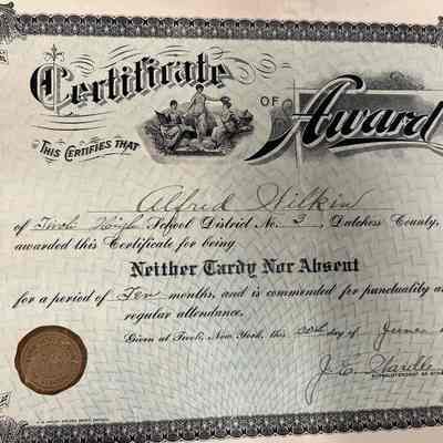 Tivoli High School Certificate for Attendance,1921