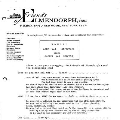 FOE flyer, Elmendorph Inn Saved