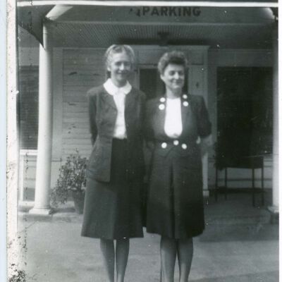 Olive Laib with another woman in front of Red Hook Hotel, c. 1950