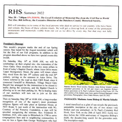 Anna Bishop article, Rhinebeck Historical Society News letter, summer 2022