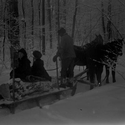 Marion Teator on horse-drawn sled