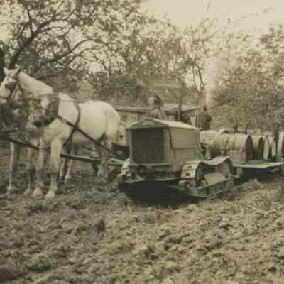 Horses and tractor in Mead orchards, c 1925